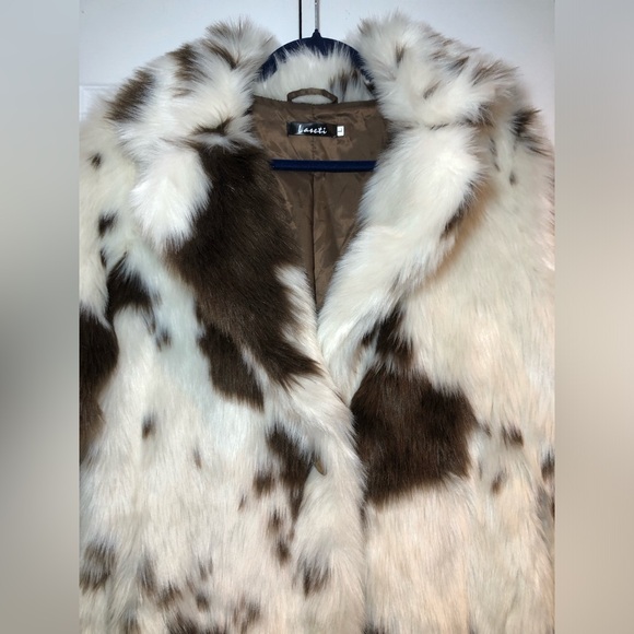 NWOT Women Cow Faux Fur Lapel Maxi Coat Fleece Outwear Jacket with Pockets - Picture 5 of 13